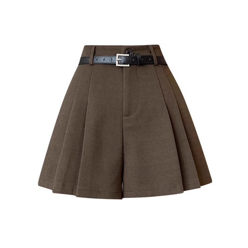 Women's Autumn/Winter Outerwear Boot Pants High-Waisted A-Line Wide Leg Casual Skirt - 2025 New Coffee Brown Pleated Wool Knit Shorts