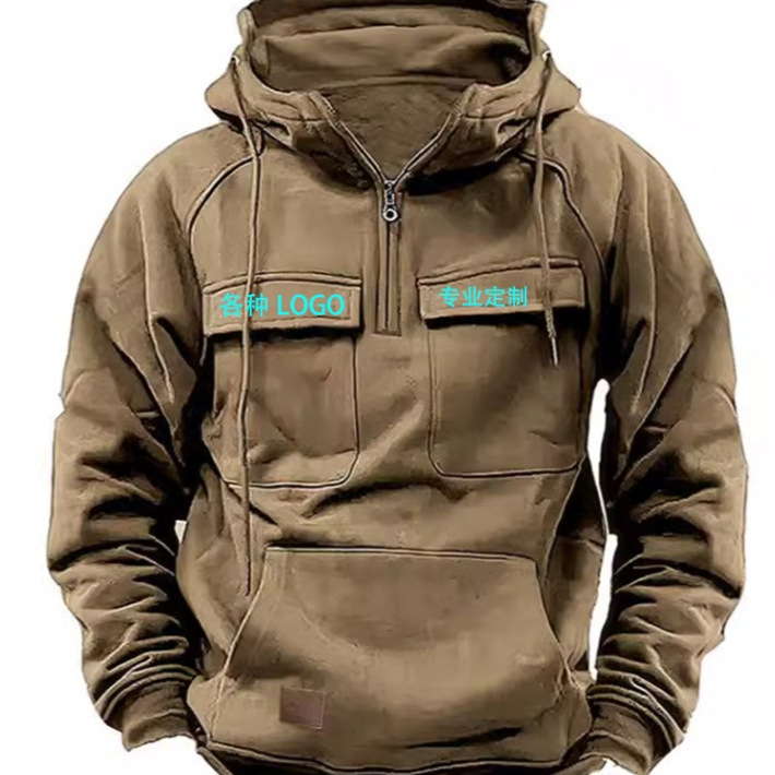 欧美春秋新款男式戴帽卫衣 印花多口袋贴皮外套 帽衫Hoodie跨境