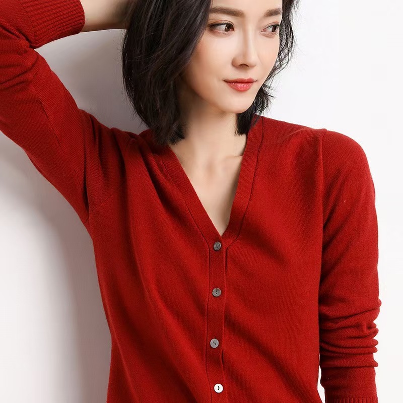 2025新款女装早秋V领开衫白色毛衣针织毛衣带扣开衫纯色外套女秋|undefined