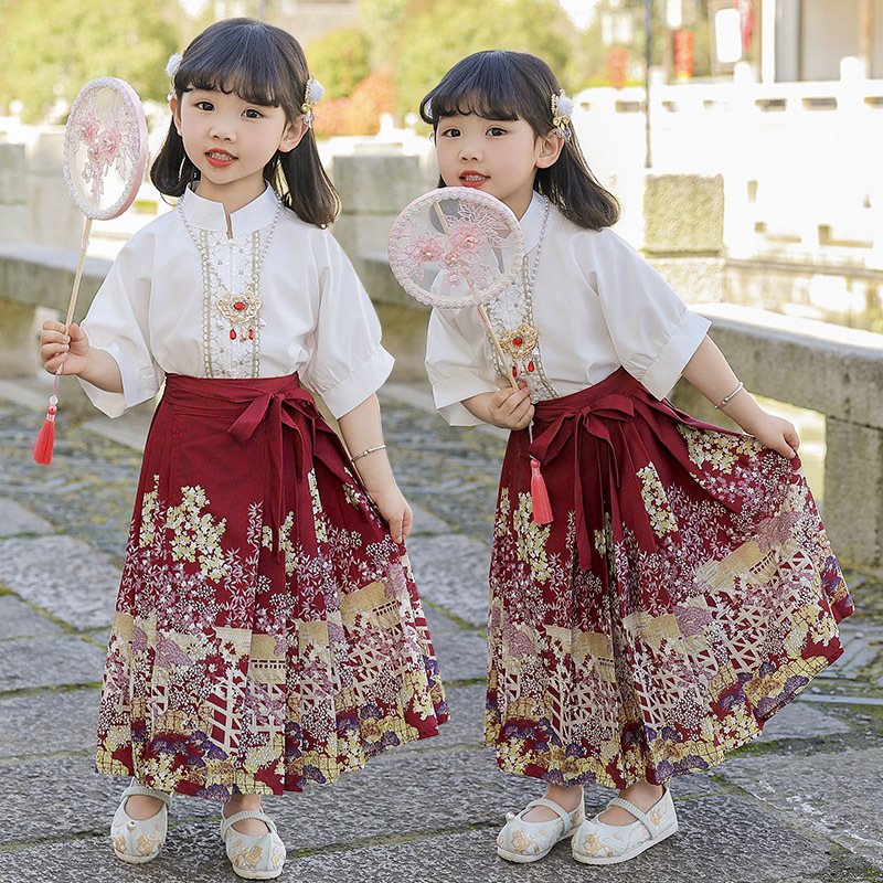 2024 Chinese Style Girl Children Ancient Costume Mamian Skirt Set Little Girl Short Thin New Version Performance Hanfu Skirt Spring and Summer