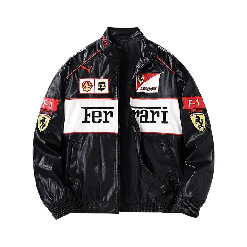 Куртка (Ferrari) из полиуретана, весенняя, с вышивкой, утолщённая подкладка