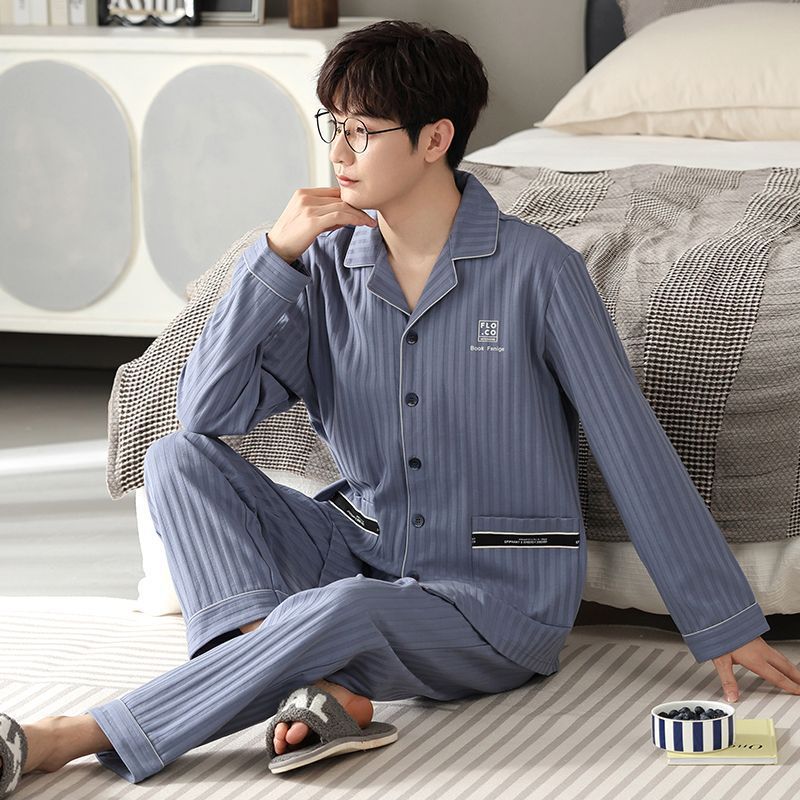 Pajamas de algodón de hombre primavera y otoño de manga larga nueva ropa casera suelta de tamaño grande engordado conjunto de ropa de hombre otoño y invierno
