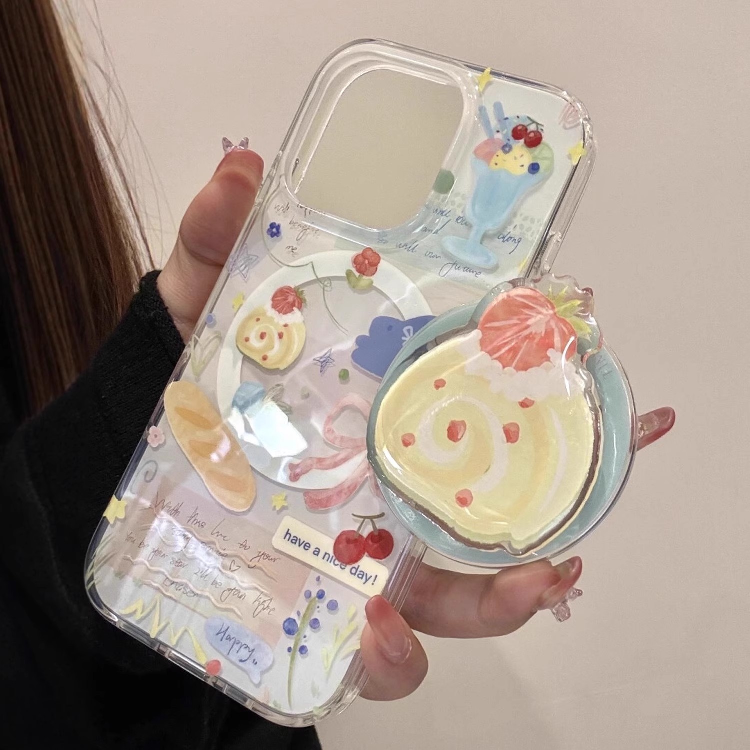 Ins Style Gourmet Strawberry Swiss Roll Cake Compatible With IPhone 16 Pro Max/17 Phone Case 14 Magnetic 13_voghion.com