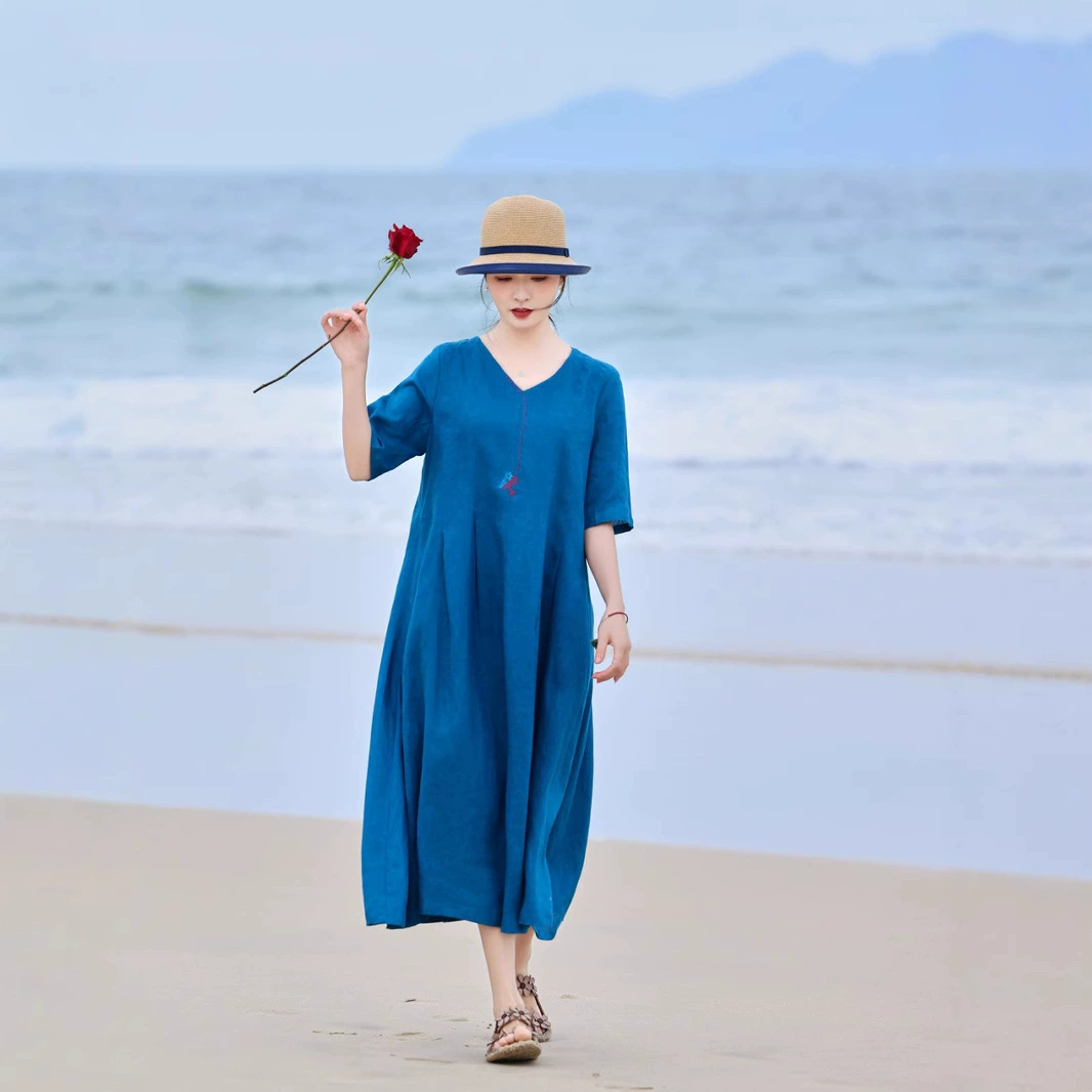 2025 новая оригинальная женская льняная вышивка литературно-художественное платье длинное платье с персиковым воротником