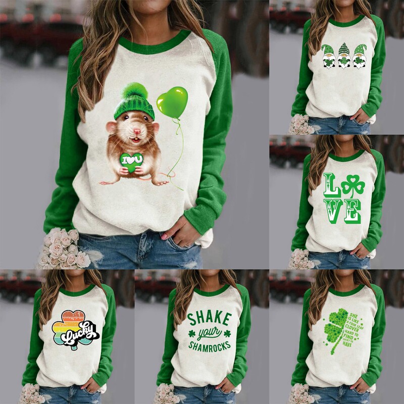 wish Amazon Women's St. Patrick's Day gift holding Clover leopard print Raglan long sleeve T-shirt
