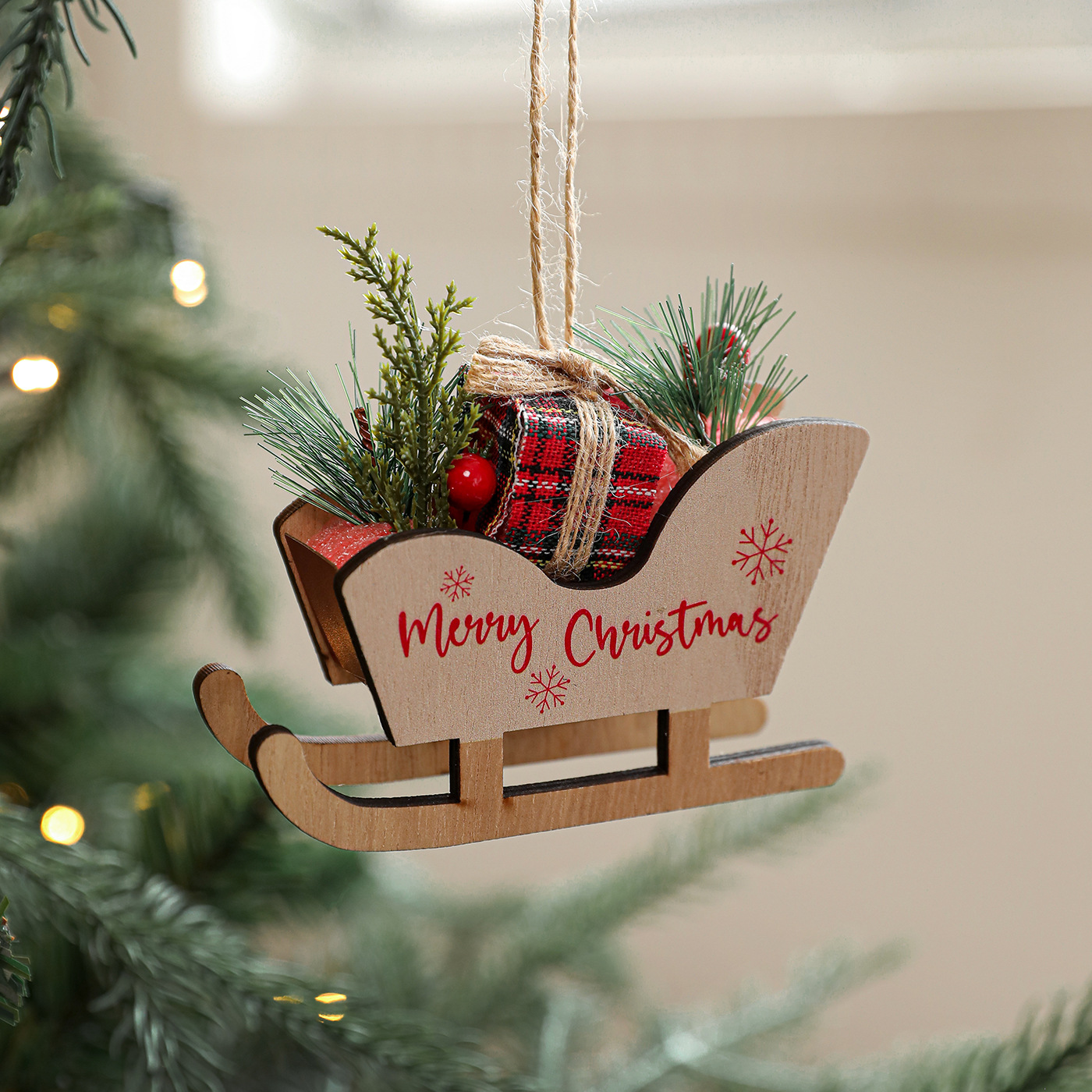 Navidad transfronteriza trineo de madera decoración colgante trineo decoración árbol de Navidad colgante atmósfera diseño de decoración de madera