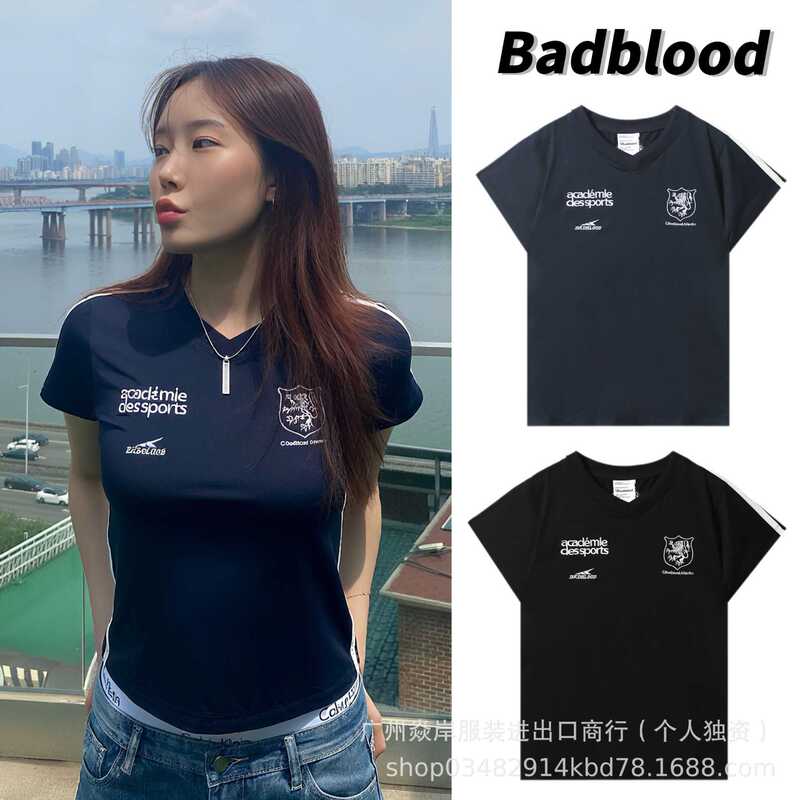In-Stock Badblood Embroidered Letter Short-Sleeve T-Shirt for Women, American Retro Sports Style Jersey, Slim Fit, Flattering for a Hot Girl Look