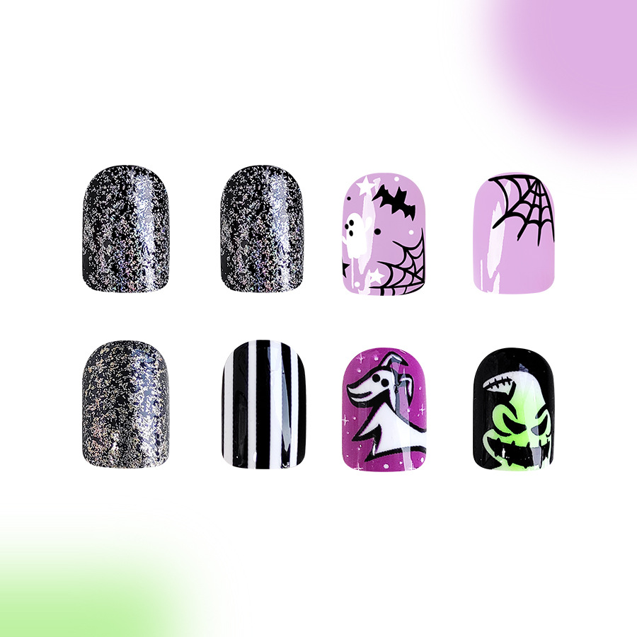Combinazione di nail art con faccia corta e luminosa, ragnatela di Halloween, pipistrello, fantasma, temperamento, moda, usura 96 24 x 4_voghion.com