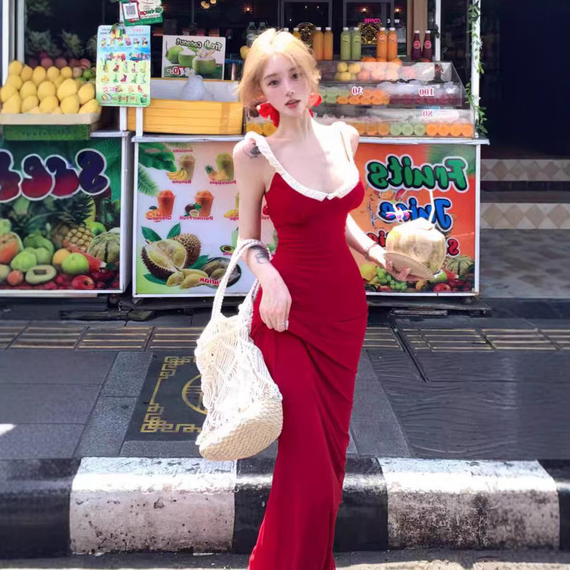 Vacation Style Red V-Neck Patchwork Suspender Dress for Women, Summer Figure-Flattering Dress, Sexy Slim-Fit Bodycon Long Dress Vacation Style Red V-Neck Patchwork Suspender Dress for Women, Summer Figure-Flattering Dress, Sexy Slim-Fit Bodycon Long Dress