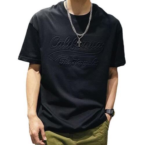 Summer Loose Letter Embossed Steel Print Crew Neck Short Sleeve Hong Kong Style Versatile American Trend Brand T-Shirt for Men in Black
