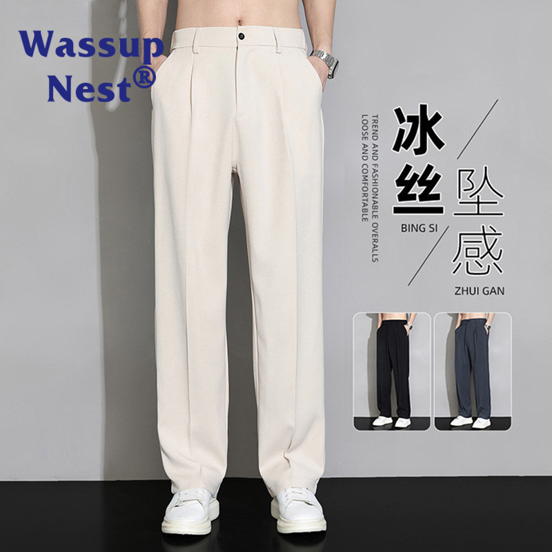 WASSUP NEST Ice Silk small suit pants men's summer thin wide leg straight loose casual trousers draping