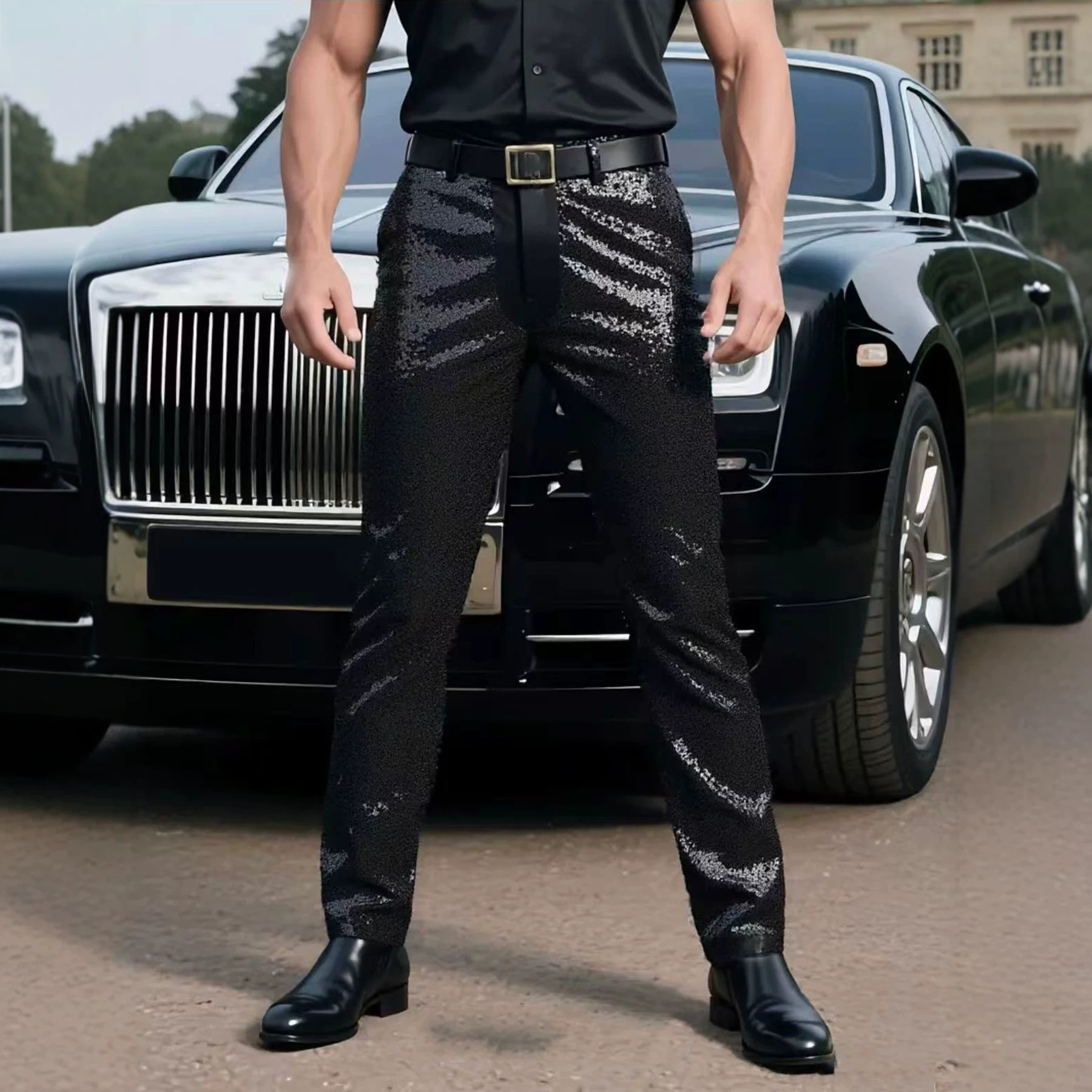Men's Clothing Men's Sequined Slim Fit Dress Pants Style Stage Performance Sparkling Long Trousers Trendy Men's Clothing_voghion.com