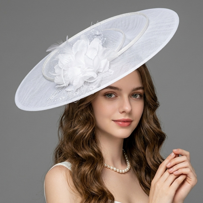 European and American-style faux linen ladies' church hat, top hat, headwear for horse racing festivals, tea parties, evening banquets, and parties, with decorative flowers