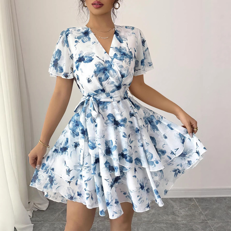 European and American Style 2026 Printed Summer Women's Clothing V-Neck Short-Sleeve Bohemian Swing Dress Comfortable and Casual European and American Style 2026 Printed Summer Women's Clothing V-Neck Short-Sleeve Bohemian Swing Dress Comfortable and Casual
