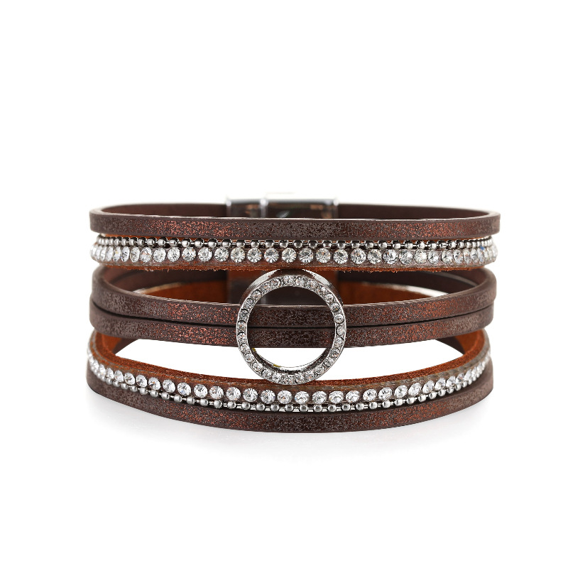 Bohemian Hollow Circle Rhinestone Light Luxury Multilayer Leather Magnetic Buckle Bracelet display picture 17