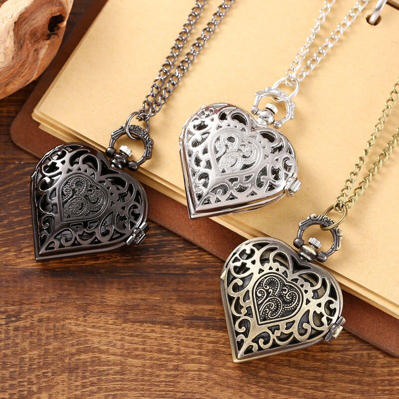Cross-border Hot Sale Retro Hollow Heart-shaped silver Pocket Watch Creative Flip Quartz Hanging Chain Love Pocket Watch Factory Outlet Cross-border Hot Sale Retro Hollow Heart-shaped silver Pocket Watch Creative Flip Quartz Hanging Chain Love Pocket Watch Factory Outlet