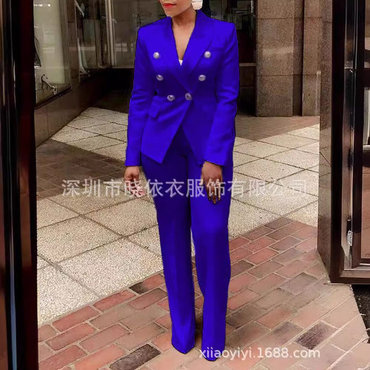 2021 Amazon AliExpress new high waist solid color small suit long sleeve pants suit temperament commuter suit