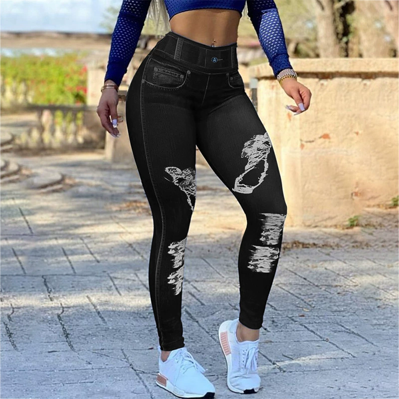 Elastic denim leggings, yoga clothing for gym, European style, Aliexpress, high waist, plus size