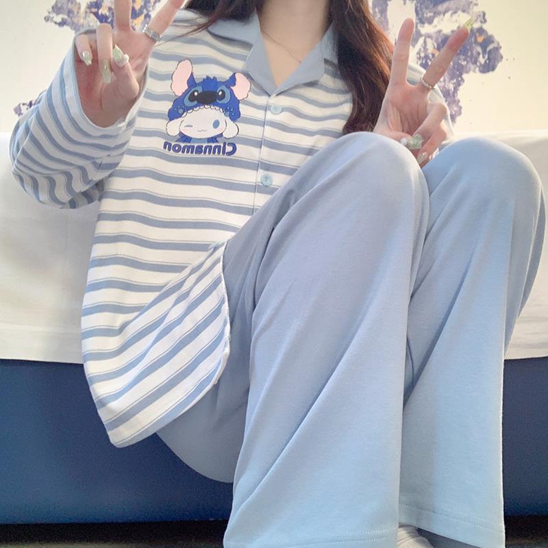 春と秋の女性用パジャマ、胸パッド付き長袖ズボン、膨らみ防止スーツ、冬と夏の女性のかわいい漫画のホーム服|undefined