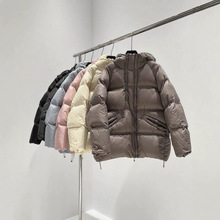 欧美双拉链中长款羽绒服女2025冬连帽白鸭绒宽松大码保暖面包外套