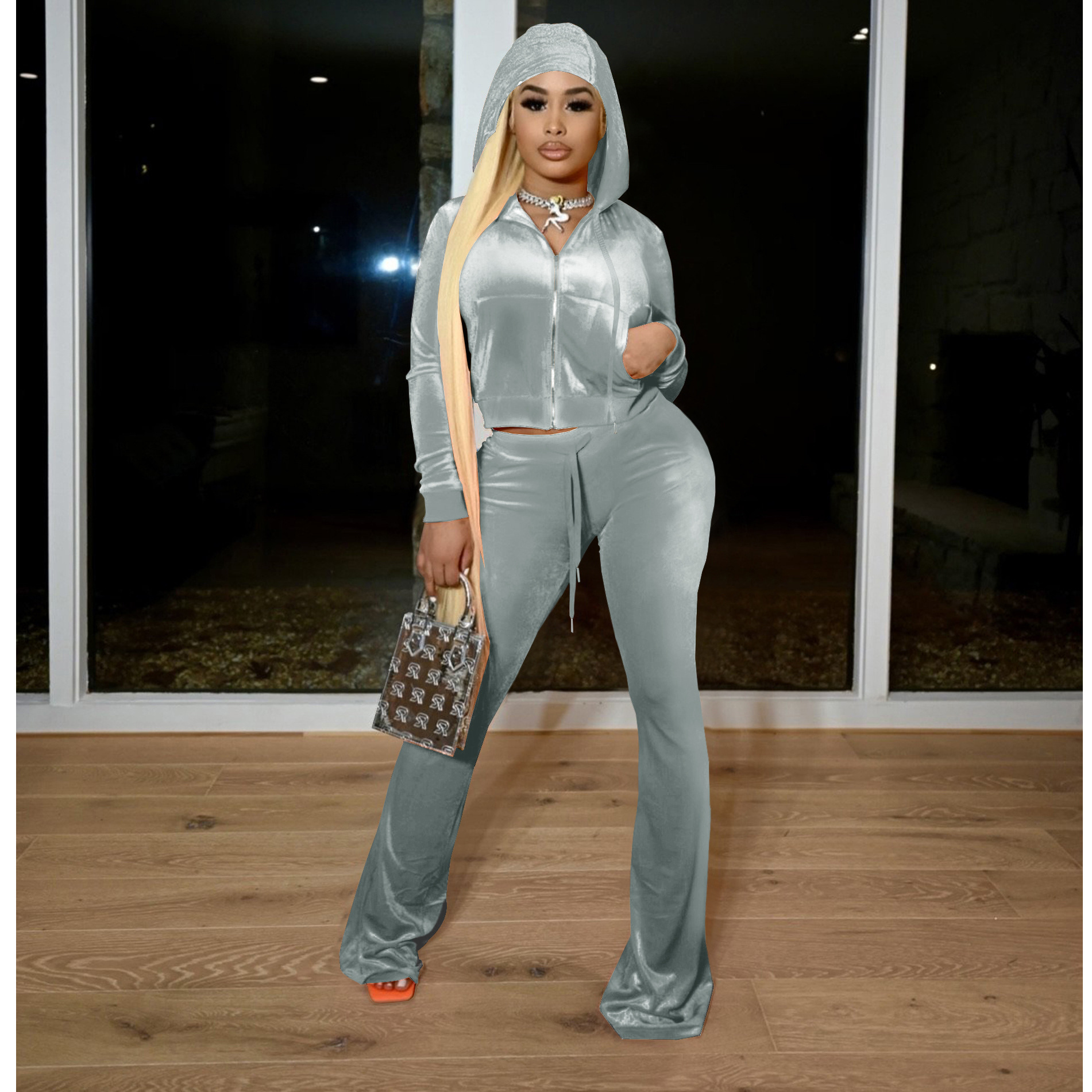 F172 European American Women's Clothing Cross-border Korean Autumn And Winter New Two-piece Hooded Casual Sports Velvet_ecoleips.com