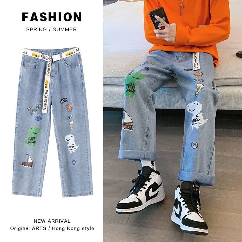 New Style Men's Jeans Korean Version Trendy Cropped Pants Thin Cartoon Graffiti Men's Pants Internet Celebrity Straight-Leg 1/2