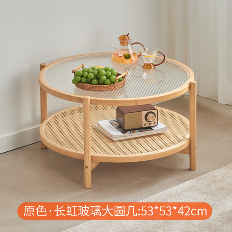 Mesa de centro de vidrio de ratán de madera maciza redonda de estilo japonés, sala de estar, hogar, apartamento pequeño, sofá minimalista moderno, mesa de té pequeña