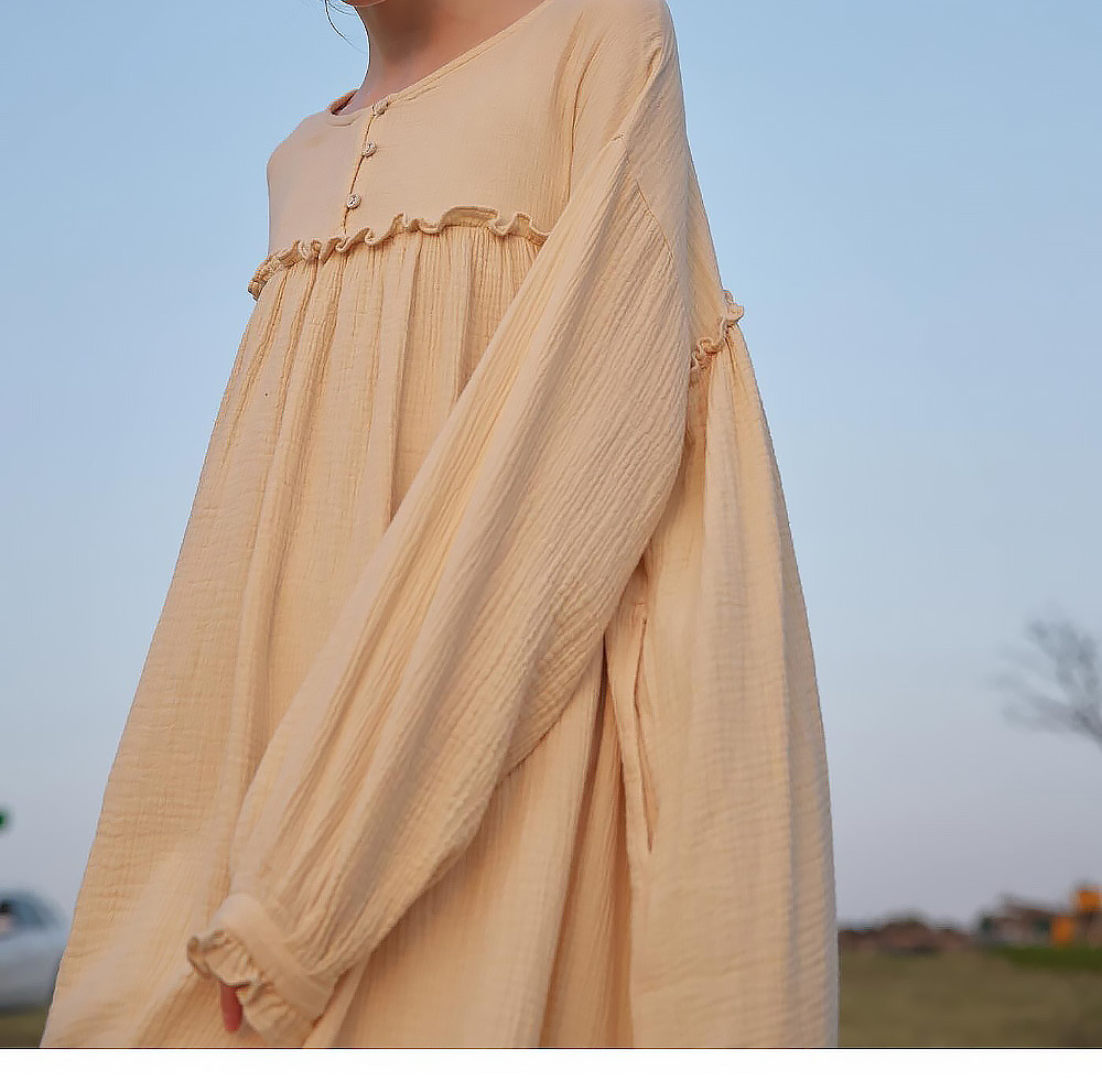Double Layer Gauze Dress Korean Women Dressing Gown Loose Casual Wooden Ear Stitching Niche Nightdress