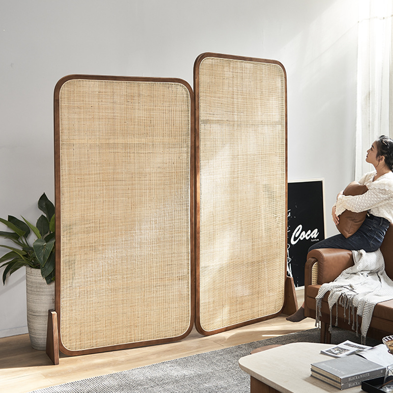 Japanese-Style Solid Wood Rattan Screen for Dining Room, Tea Room, Entryway Partition, Eco-Friendly Wabi-Sabi Style, Home-Use Retro Movable Screen