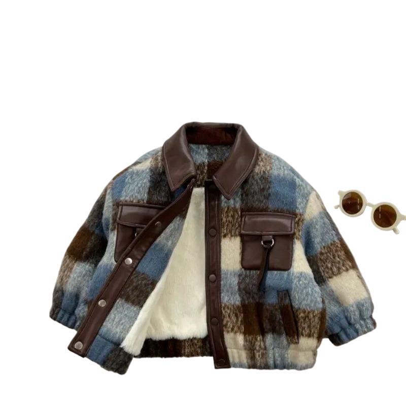 어린이 겨울 2024 새로운 격자 무늬 모직 랩 한국식 재킷 쇼트 코트 두껍게