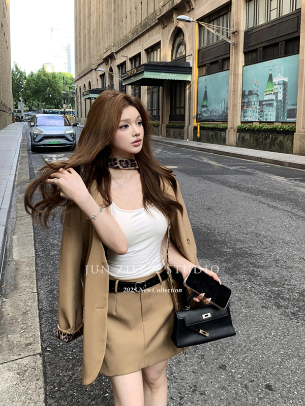 西装套装女秋装小个子豹纹拼接卡其色小西服外套高腰a字半身短裙|undefined