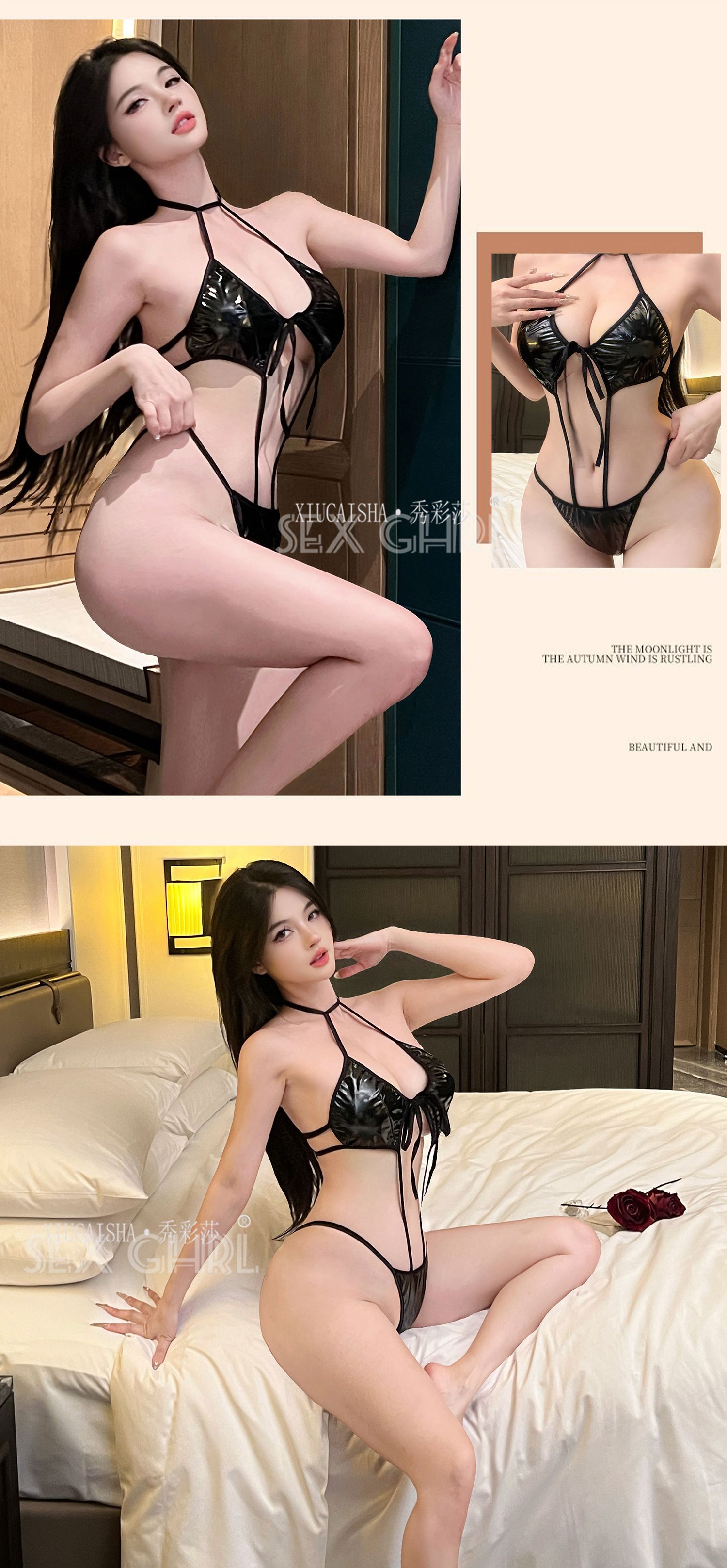 Patent Leather Three-Piece Bikini Set with Jumpsuit and Open-Crotch Stockings, Black One Size — detail image 6