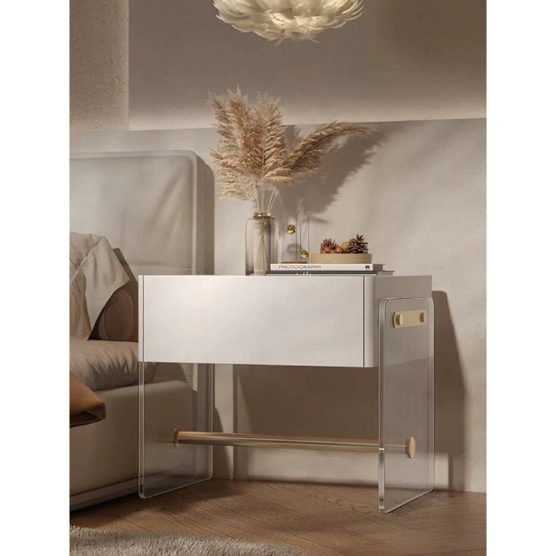 Wjx58 ​​ # Trendy Ins-Style Suspended Solid Wood Lacquer Bedside Table, Acrylic Modern Minimalist Small Apartment Light Luxury Bedside.