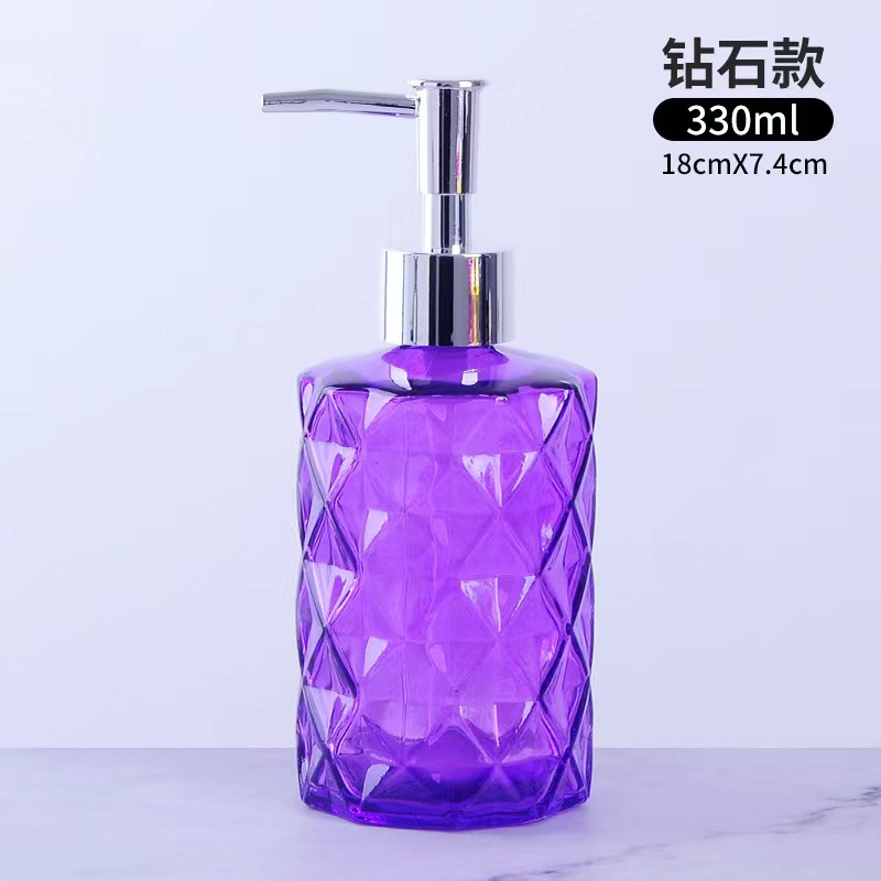 Fabricante al por mayor de botellas de vidrio transparente de 350 ml, botella de vidrio para loción, gel de ducha, botella de desinfectante de manos con forma de diamante, creativa