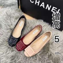 增高5cm单鞋经典方扣软漆皮气质浅口女鞋一脚蹬圆头法式纯欲通勤