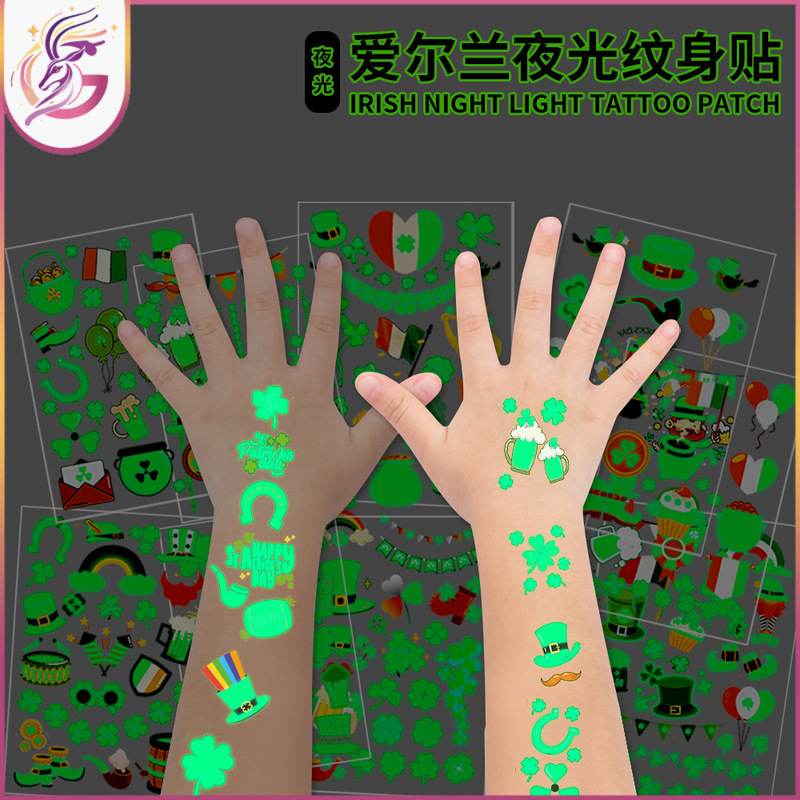 St Patrick tattoo stickers waterproof fluorescent green children's disposable temporary tattoo Irish luminous stickers St Patrick tattoo stickers waterproof fluorescent green children's disposable temporary tattoo Irish luminous stickers