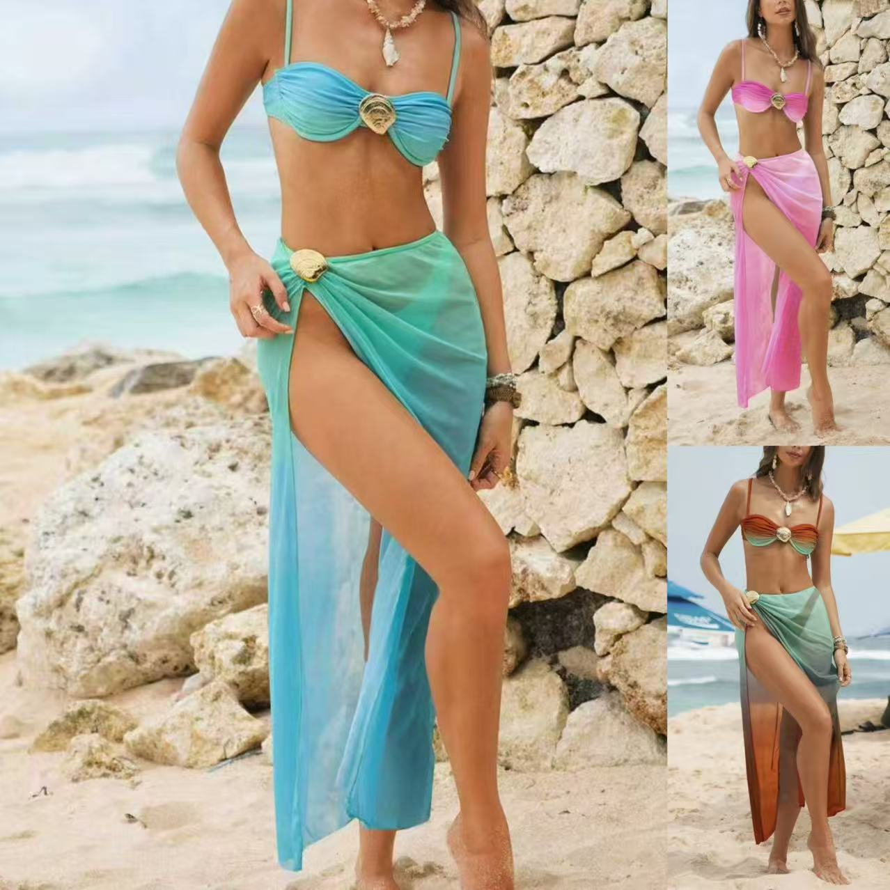 2026 European and American Cross-Border Hot-Selling Metal Oyster Accessories Three-Piece Set Strapless Swimsuit Bikini