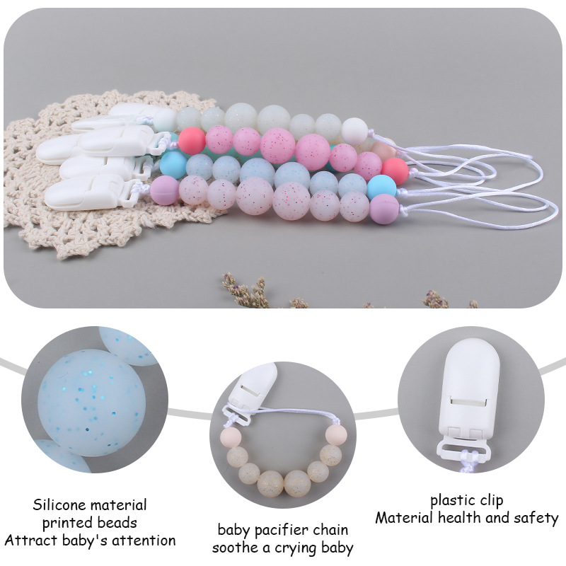 Suministros para bebés cristal impreso Cadena de chupete calmante bebé cuentas de silicona mordedura de pegamento molar cadena anti-gota Nuevo