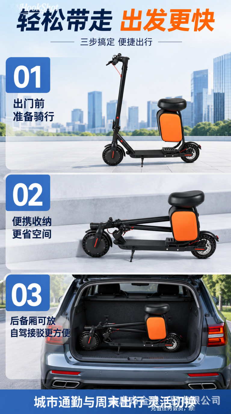 Factory Direct Sale Adult Electric Two-Wheeler 8.5inch Off-Road Scooter with Seat and Luggage Bag, Foldable Electric Vehicle