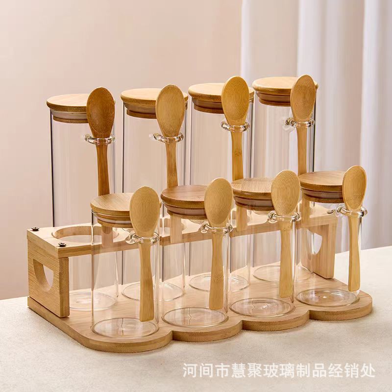 Tarro de vidrio redondo sellado Tarro de almacenamiento de granos de café doméstico con cuchara de madera botella de condimento conjunto de tanque de almacenamiento de alimentos de cocina