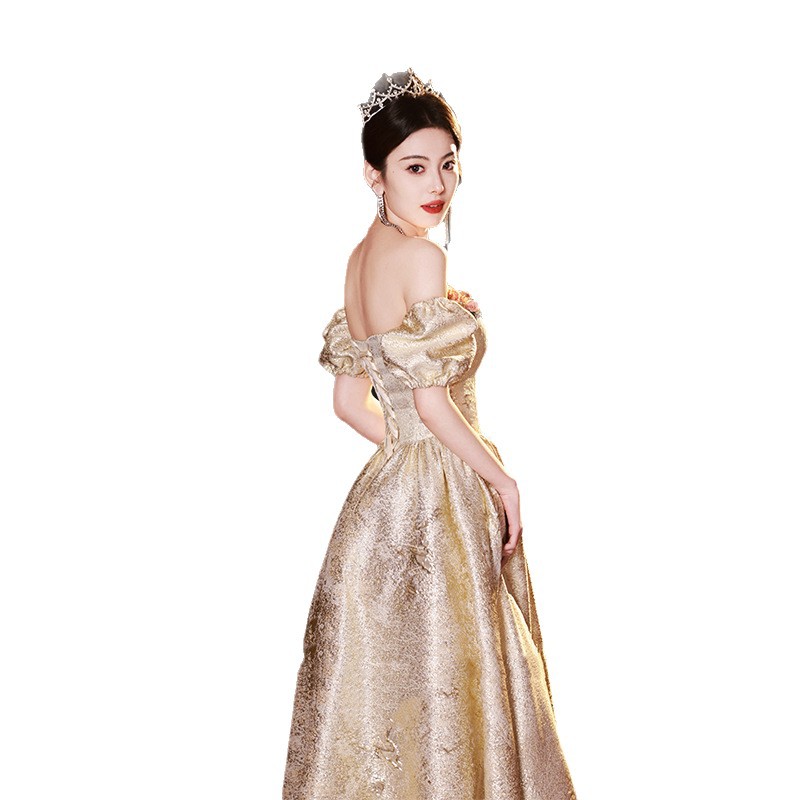 Đầm dạ hội nữ trễ vai thiết kế độc đáo, phù hợp dự tiệc đính hôn, lễ cưới, biểu diễn — Mẫu dài màu vàng sâm panh