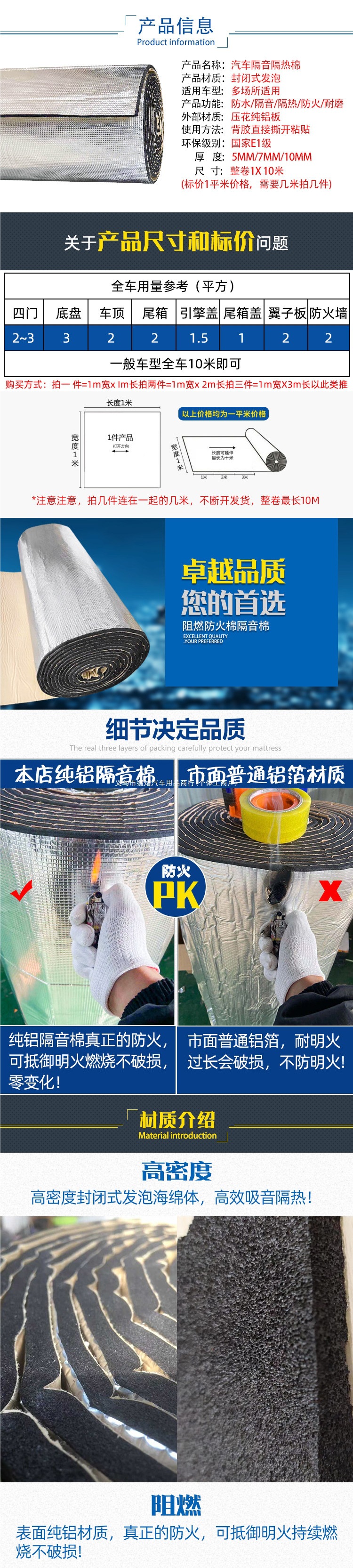 Self-adhesive automotive soundproofing and heat insulation cotton, fireproof and noise-reducing cotton for engine hoods, full-vehicle soundproofing cotton, embossed pure aluminum trim