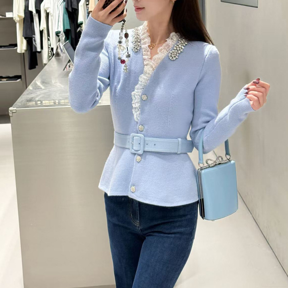 Sp Elegant Women's Fashion 25 Autumn French Rhinestone Lace Patchwork V-Neck Versatile Small Jacket Top