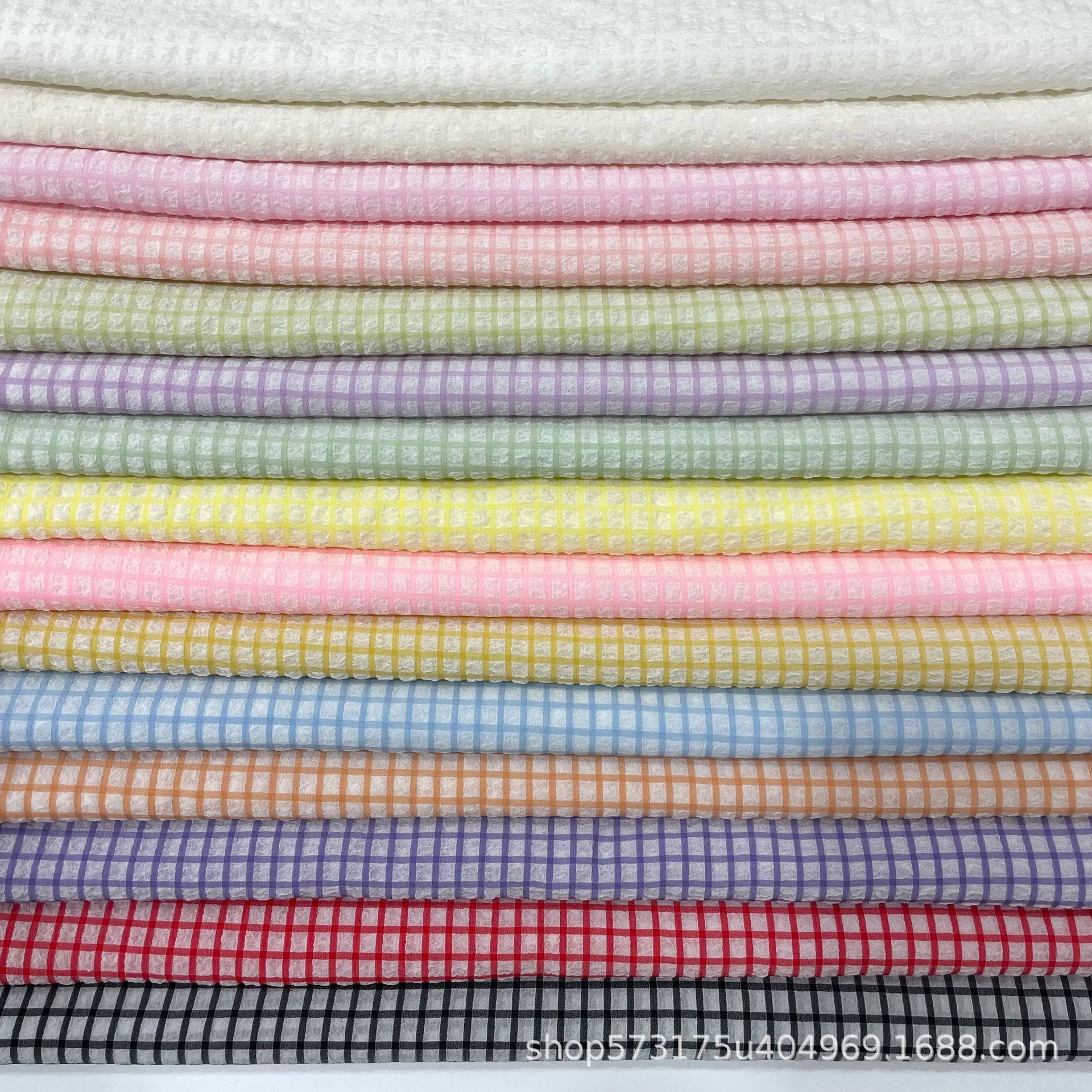 泡泡绉 太空格 休闲衬衫布 舒适透气 防晒衣面料 涤纶弹力格子布