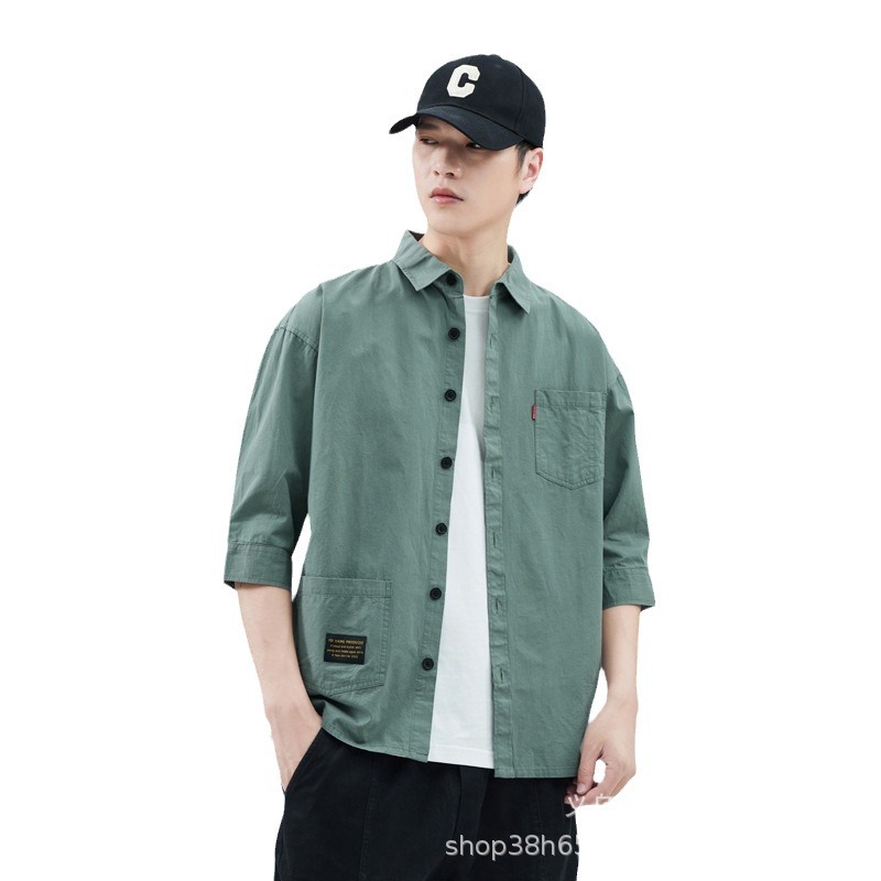 Hombre de alta calidad 100 algodón de manga corta verano delgado suelto siete puntos camisa casual camisa de trabajo chaqueta exterior