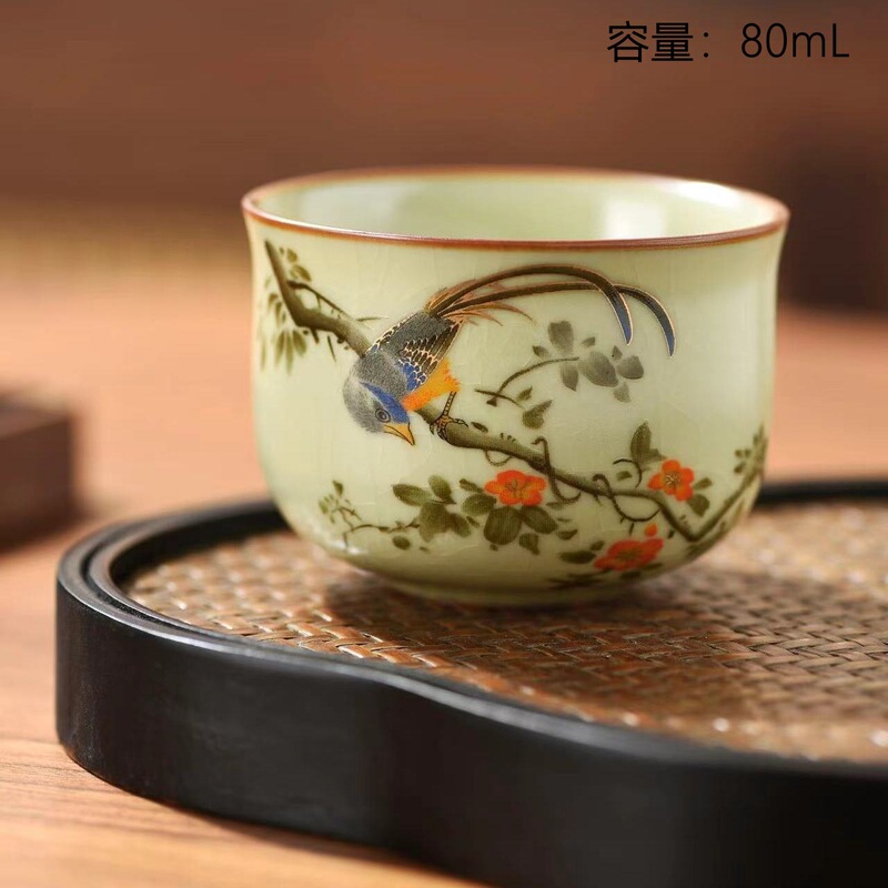 中国風ベージュ汝窯花鳥ティーカップマスターカップゲストカップオープンピースティーカップセラミックティーセットカンフーティーセット|undefined