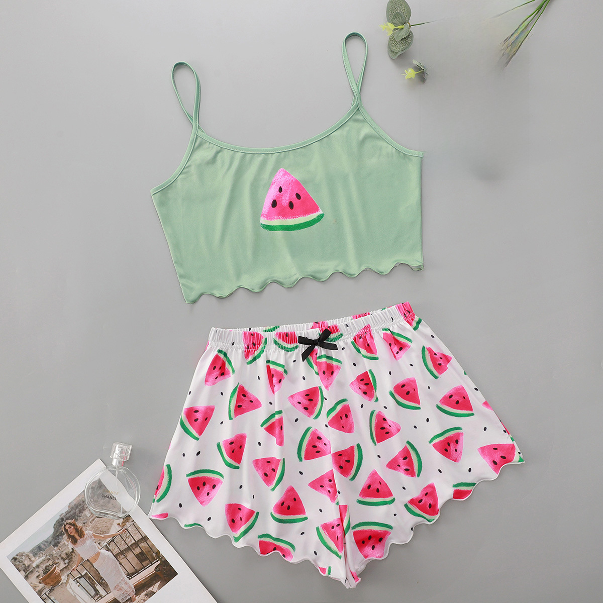 新款西瓜SUMMER印花吊帶上衣和西瓜印花短褲家居服套裝 TL9446