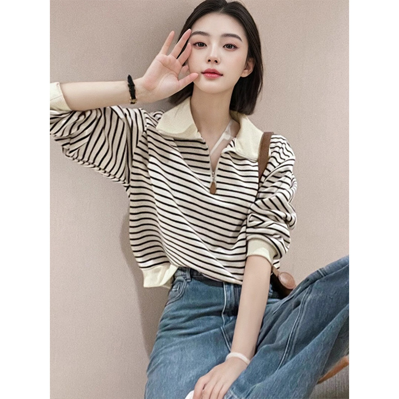 Korean Style Simple Polo Collar Striped Color-Blocking Sweatshirt for Women, Spring 2026, Loose Fit, Slimming Long-Sleeve Top, Base Shirt