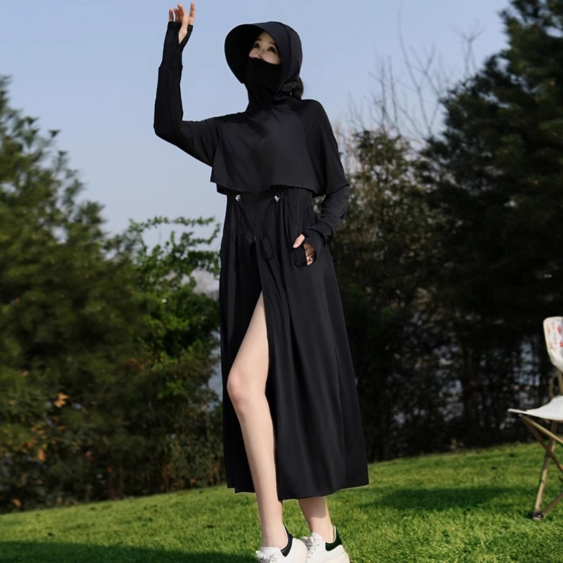 長い日焼け止め服の女性2025夏の新型紫外線防止氷の薄いタイプの通気性は腰の日焼け止め服のコートを収めます。|undefined