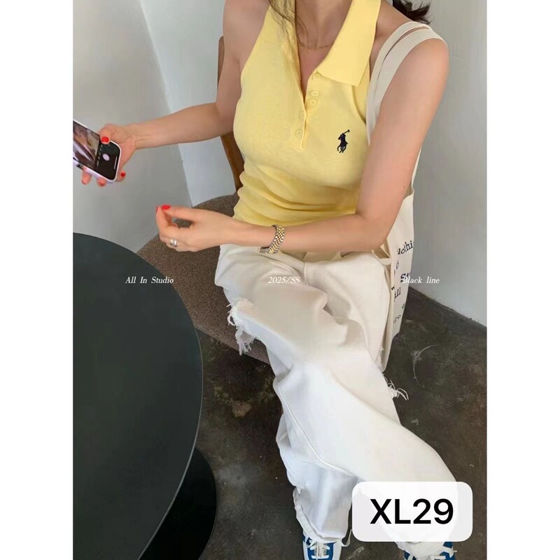Horse Label Summer French Retro Casual Precious Elegant Polo Shirt Halter Knitwear Vest Top Women's Young Fashion